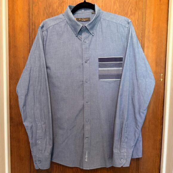 Ben Sherman Blue Chambray Printed Pocket‎ Button Down Mens Large Mod - Picture 2 of 10